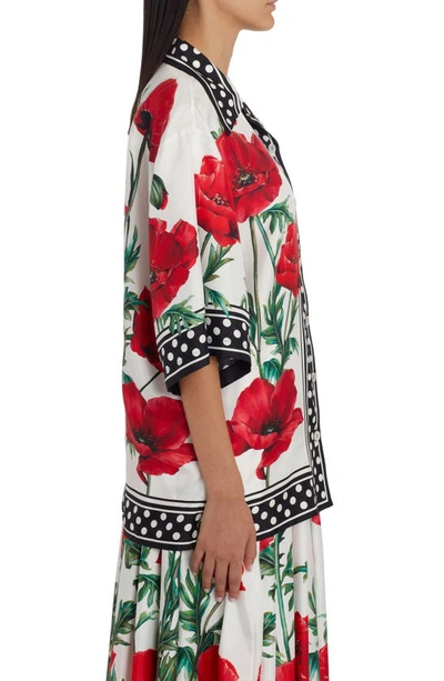 Dolce & Gabbana Poppy Print Silk Twill Button-up Shirt In Natural White