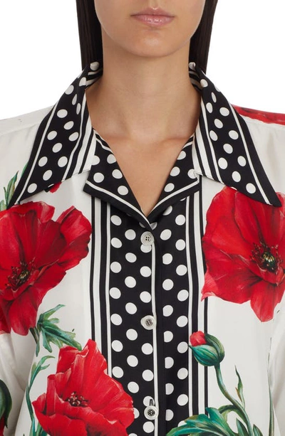 Shop Dolce & Gabbana Poppy Print Silk Twill Button-up Shirt In Natural White