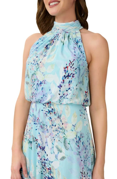 Shop Adrianna Papell Watercolor Floral Halter Neck Chiffon Midi Dress In Light Blue Multi