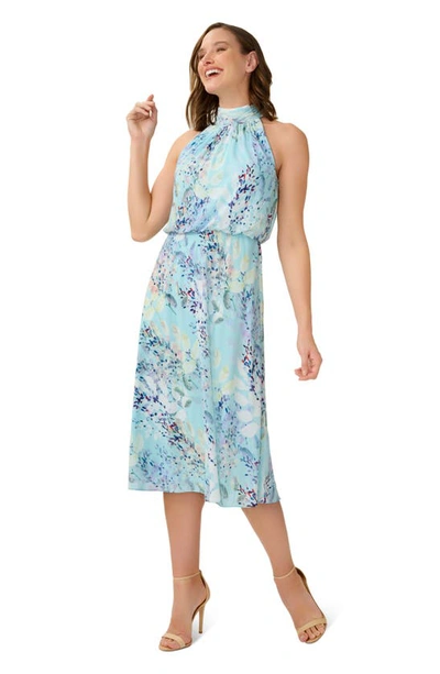 Shop Adrianna Papell Watercolor Floral Halter Neck Chiffon Midi Dress In Light Blue Multi