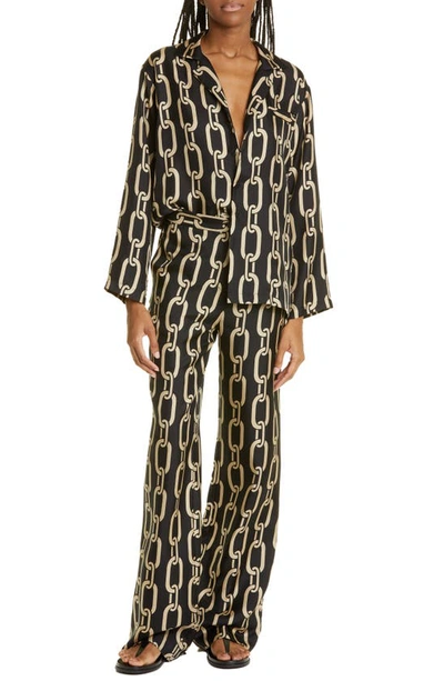 Shop Nili Lotan Juste Silk Pajama Shirt In Big Chain Gold/ Black