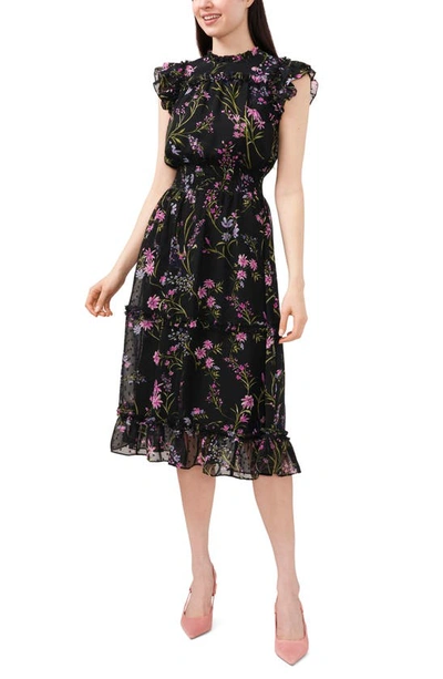 Shop Cece Floral Clip Dot Smocked Ruffle Midi Dress In Rich Black