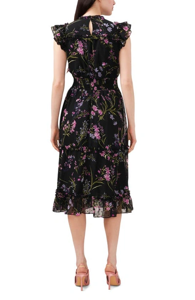 Shop Cece Floral Clip Dot Smocked Ruffle Midi Dress In Rich Black