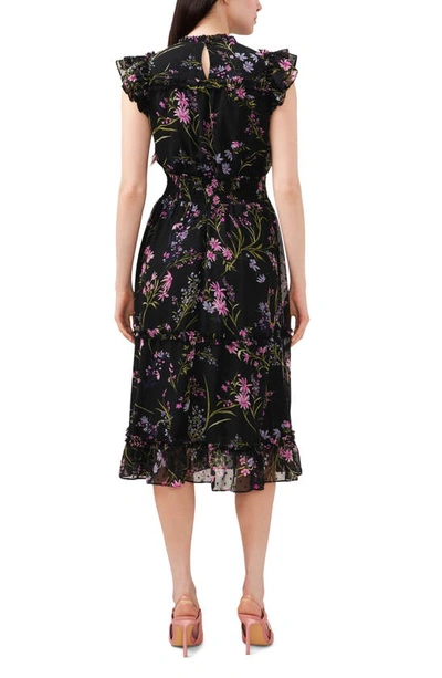 Cece Floral Clip Dot Smocked Ruffle Midi Dress In Rich Black
