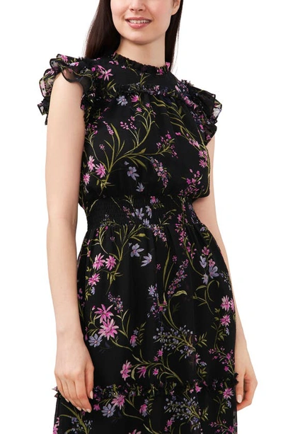 Cece Floral Clip Dot Smocked Ruffle Midi Dress In Rich Black