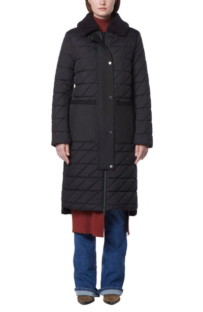 Shop Andrew Marc Maxine Quilted Coat With Faux Shearling Collar In Black