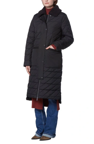 Shop Andrew Marc Maxine Quilted Coat With Faux Shearling Collar In Black