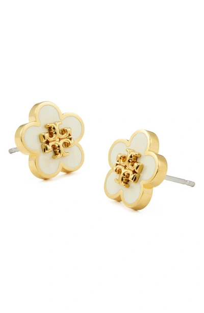 Shop Tory Burch Flower Stud Earrings In Tory Gold / New Ivory