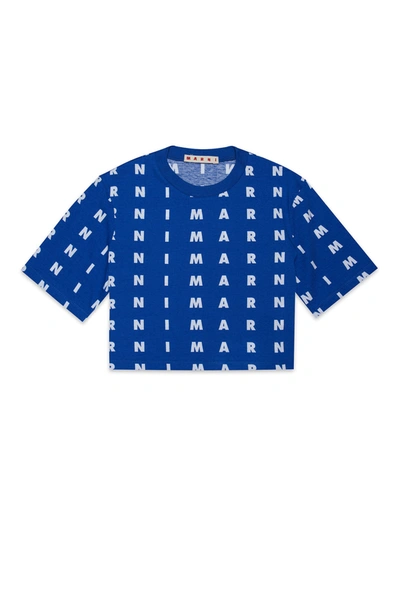 Shop Marni Blue Cropped Jersey T-shirt With Small Allover Logo