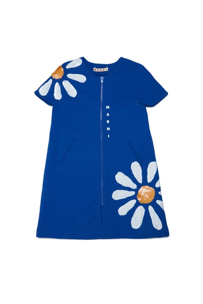 Shop Marni Blue Fleece Dress With Floral Daisy Print And Sequin Applique