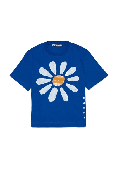 Shop Marni Blue Jersey T-shirt With Floral Print And Sequin Appliqué