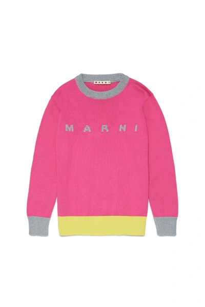 Shop Marni Fuchsia Crew-neck Sweater With Jacquard Logo In Pink