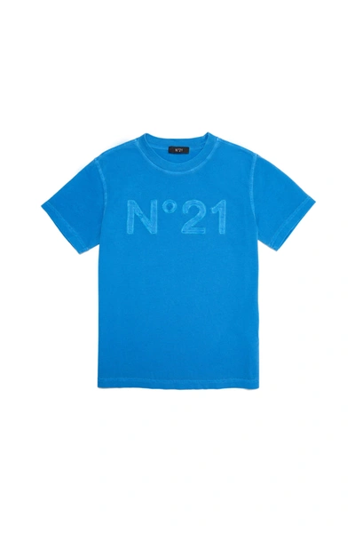 Shop N°21 Light Blue T-shirt In Vintage-effect Jersey With Applied Logo In Azure
