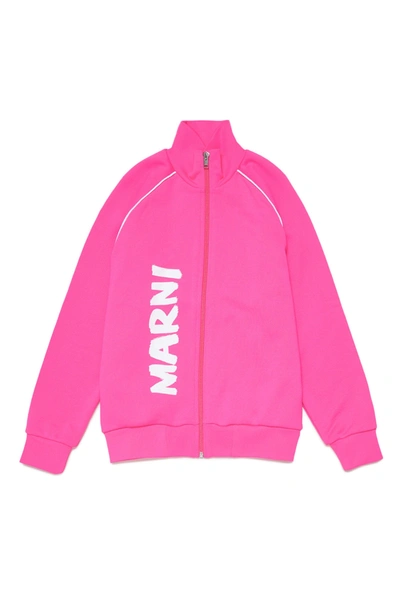 Shop Marni Pink Sweatshirt In Technical Fabric With Zip And  Brush Logo