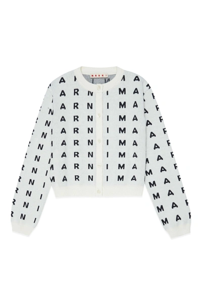 Shop Marni White Cotton Long-sleeved Cardigan With Allover Inlaid Logo