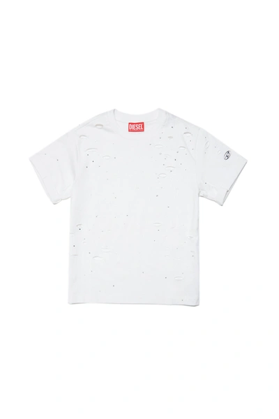 Shop Diesel White Jersey T-shirt With Breaks And Crystals