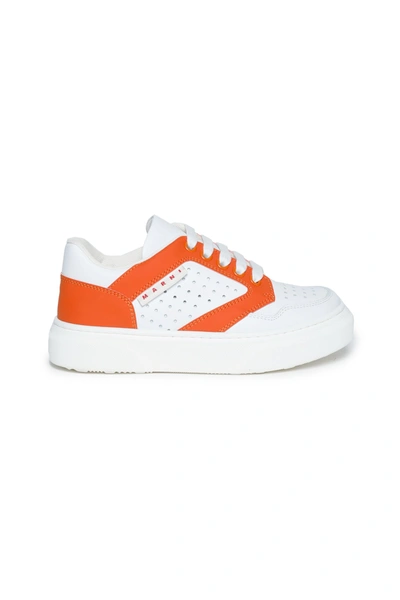 Shop Marni White Perforated Low-top Sneakers With Logo