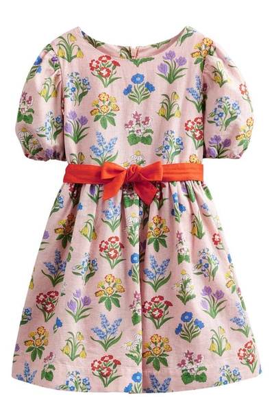 Shop Mini Boden Kids' Print Linen & Cotton Fit & Flare Dress In Dusty Pink Spring Garden