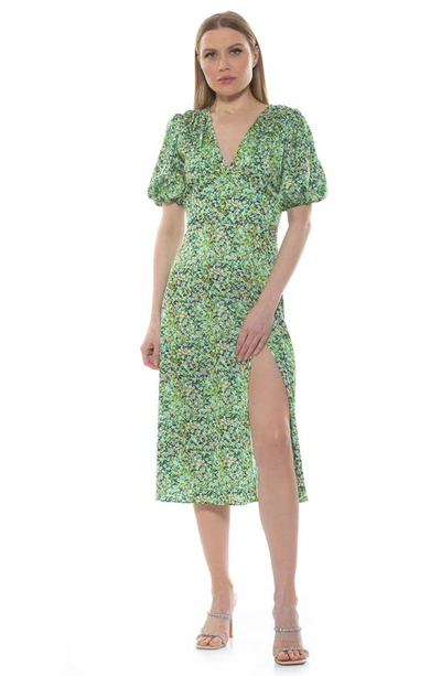 Alexia Admor V-neck Puff Sleeve Midi Dress In Green Ditzy