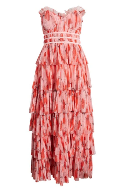 Shop Hutch Monaco Strapless Ruffle Tiered Plissé Gown In Blush Red Poppies Tulle