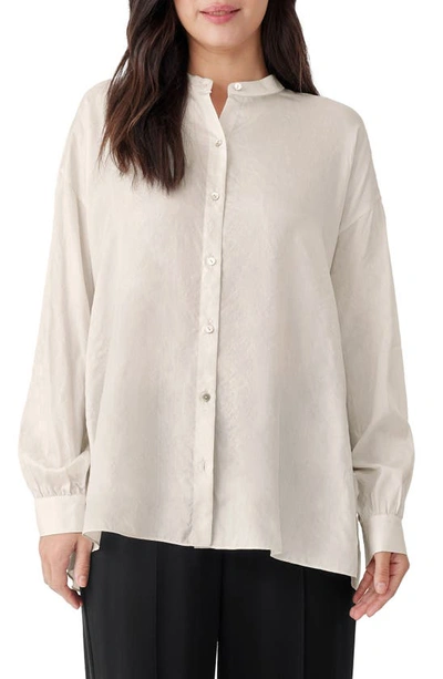 Shop Eileen Fisher Band Collar Longline Boxy Silk Shirt In Bone