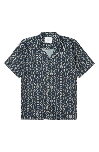 Shop Les Deux Ornament Short Sleeve Tencel® Button-up Shirt In Dark Navy/ Ivory
