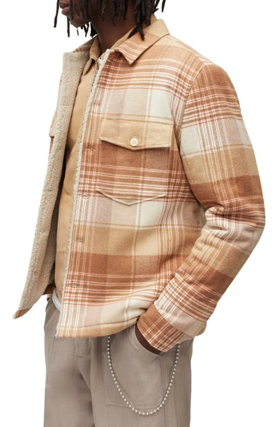 Shop Allsaints Sacco Plaid Fleece Lined Cotton Shirt Jacket In Ecru/ Camel