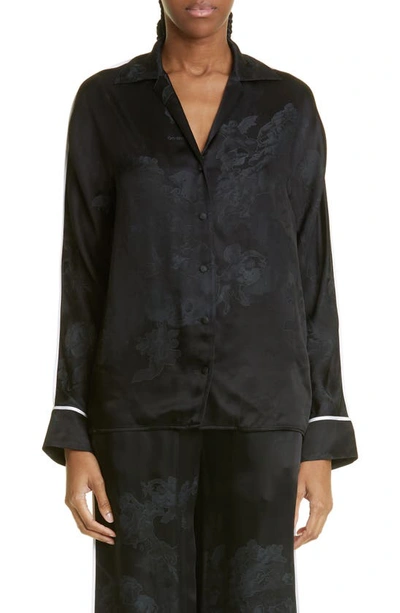 Shop Off-white Sky Piped Floral Jacquard Satin Pajama Shirt In Black