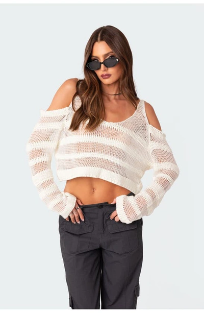 Edikted Open Stitch Cold Shoulder Cotton Sweater In White