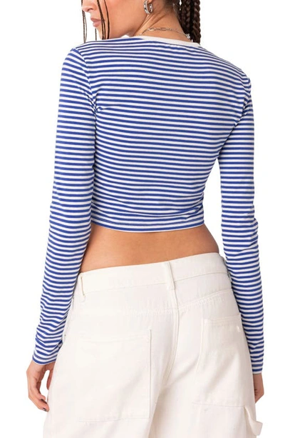 Edikted Montie Stripe Long Sleeve Crop Top In Blue Stripes