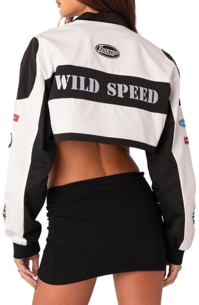 Edikted Lenni Colorblock Patch Cotton Crop Jacket In Black-and-white