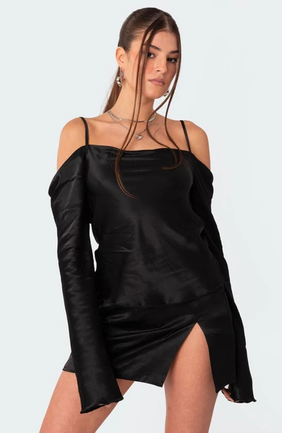 Shop Edikted Cold Shoulder Long Sleeve Satin Minidress In Black