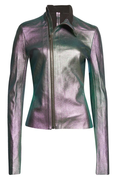 Shop Rick Owens Gary Iridescent Asymmetric Coated Leather Blend Jacket