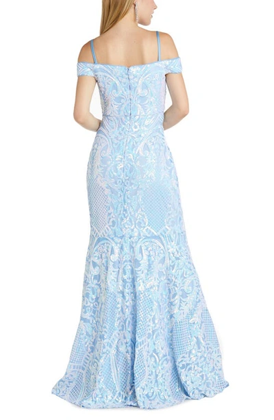 Shop Morgan & Co. Sequin Off The Shoulder Gown In Blue