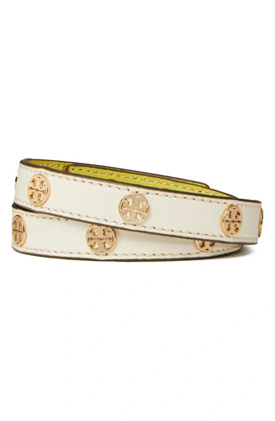 Shop Tory Burch Miller Double Wrap Leather Bracelet In Tory Gold / New Ivory