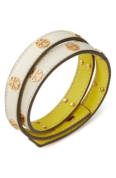 Shop Tory Burch Miller Double Wrap Leather Bracelet In Tory Gold / New Ivory