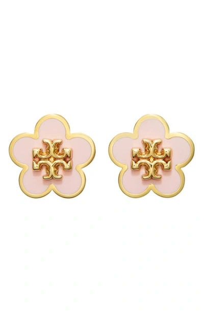 Shop Tory Burch Flower Stud Earrings In Tory Silver / Orchid Pink