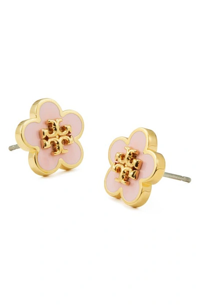 Shop Tory Burch Flower Stud Earrings In Tory Silver / Orchid Pink