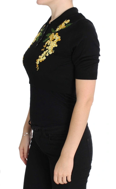 Dolce & Gabbana Black Silk Floral Embroidered Polo Top In Black