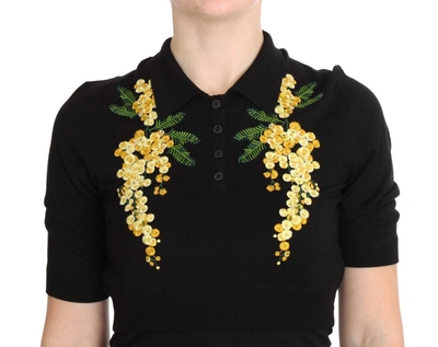 Dolce & Gabbana Black Silk Floral Embroidered Polo Top In Black