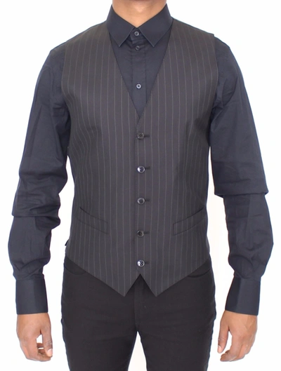 Shop Dolce & Gabbana Black Striped Wool Silk Dress Vest Men's Gilet
