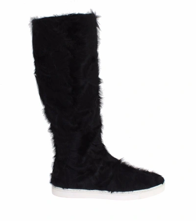 Shop Dolce & Gabbana Black Xiangao Lamb Fur Leather Women's Boots