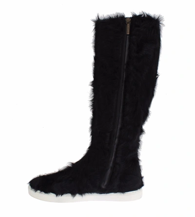 Shop Dolce & Gabbana Black Xiangao Lamb Fur Leather Women's Boots