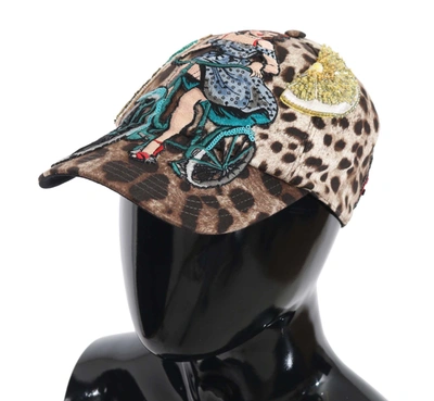 Shop Dolce & Gabbana Brown Leopard Sequin Sicily Applique Baseball Women's Hat