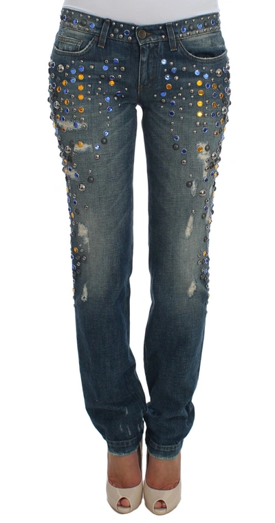 Shop Dolce & Gabbana Crystal Embellished Girly Slim Fit Women's Jeans In Blue