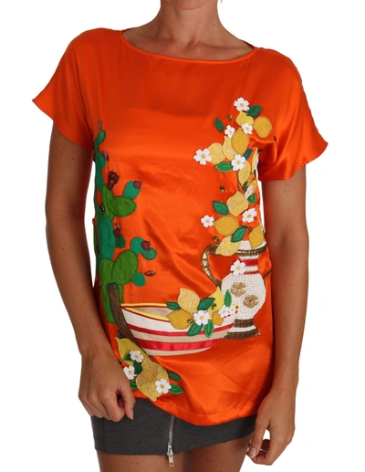 Shop Dolce & Gabbana Silk Orange Lemon Crystal T-shirt Women's Top