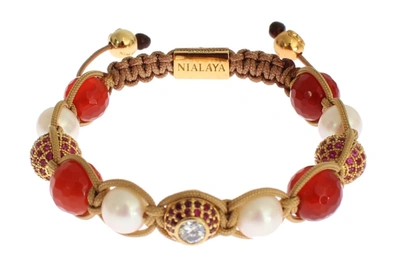 Shop Nialaya Cz Carnelian Pearl 925 Silver Women's Bracelet In Red
