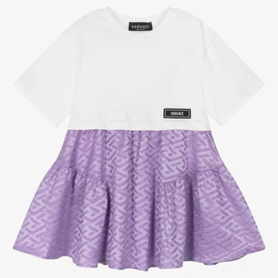 Shop Versace Girls White & Purple Greca Signature Dress