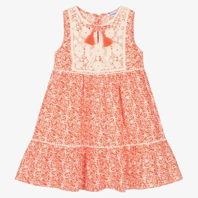 Shop Mayoral Girls Orange Floral Print & Crochet Cotton Dress