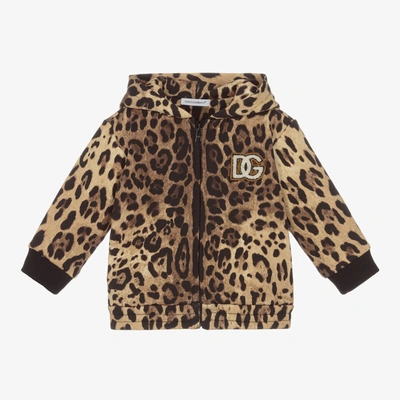 Shop Dolce & Gabbana Girls Beige Leopard Print Zip-up Top